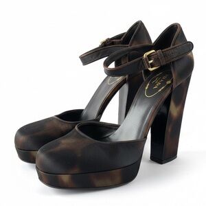 PRADA Milano Vintage Tortoiseshell Satin Platform Heels Ankle Strap 38.5 US 8.5
